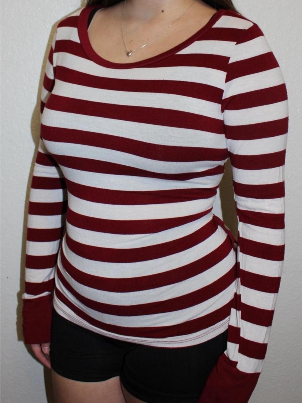 Striped Long-Sleeve Scoop Neck Top - Red & White